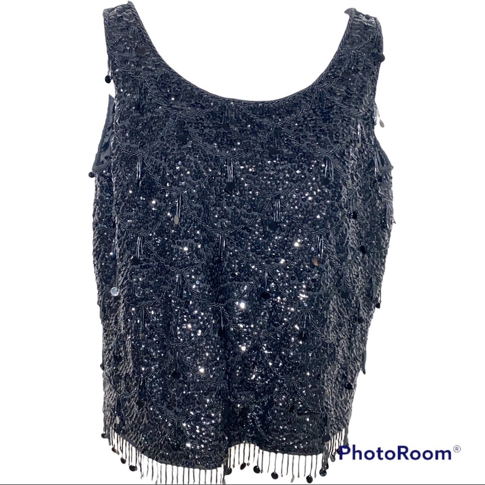 Vintage 60s Black Sequin Beaded Sleeveless Top 100% Wool Holiday Party Large
